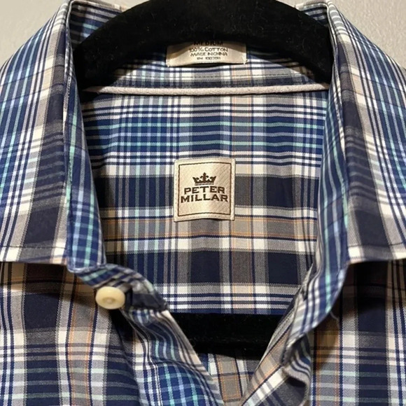 Peter Millar| long sleeve button down plaid shirt in blue, tan and white mens M - Picture 2 of 8